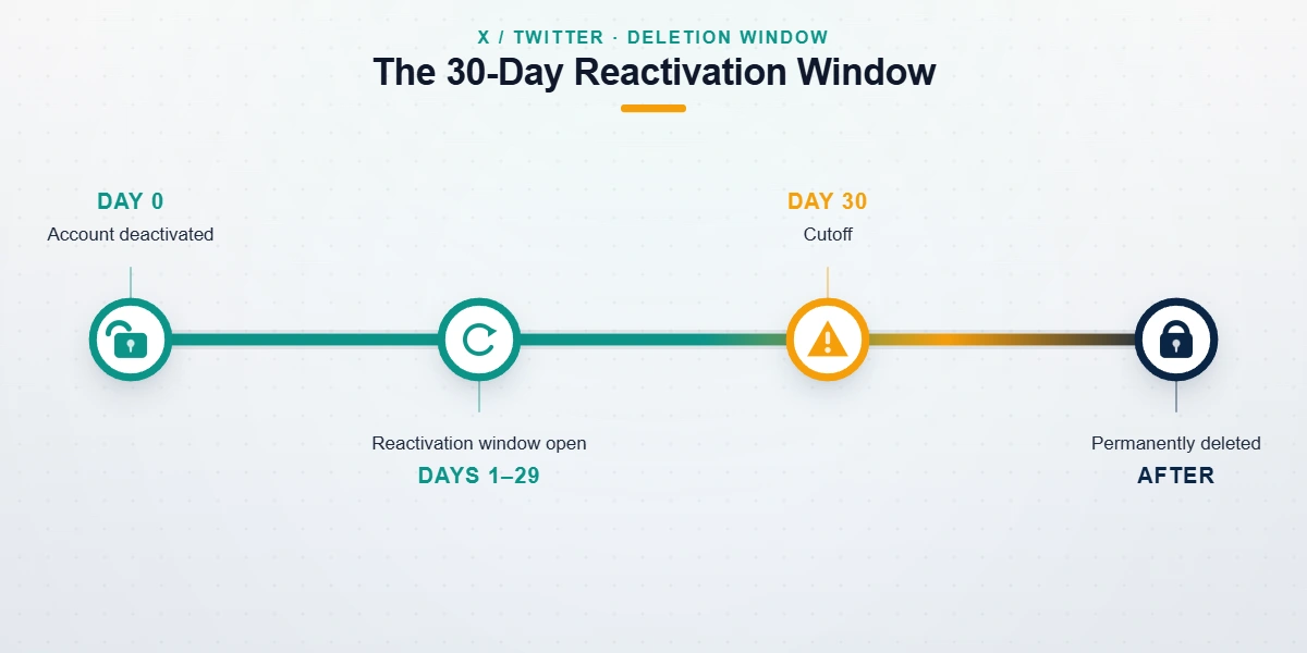 Timeline diagram of the 30-day window to recover a deactivated Twitter account before X permanently deletes it.
