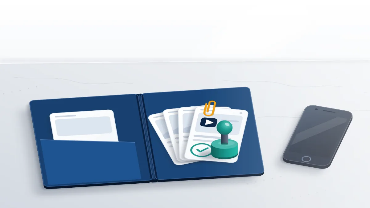 Open folder of blank screenshot cards beside an old phone and a teal check stamp, the ownership proof to recover old TikTok account access.