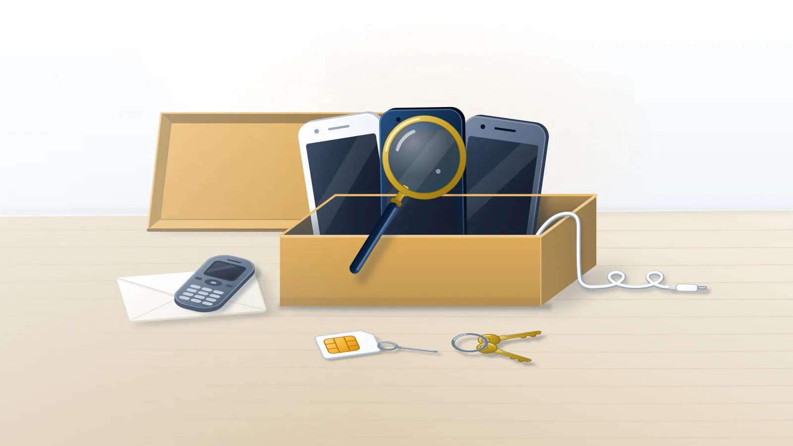 Open shoebox of old smartphones, a SIM card, an envelope and a key ring on an oak table, the clues to recover old TikTok account access.