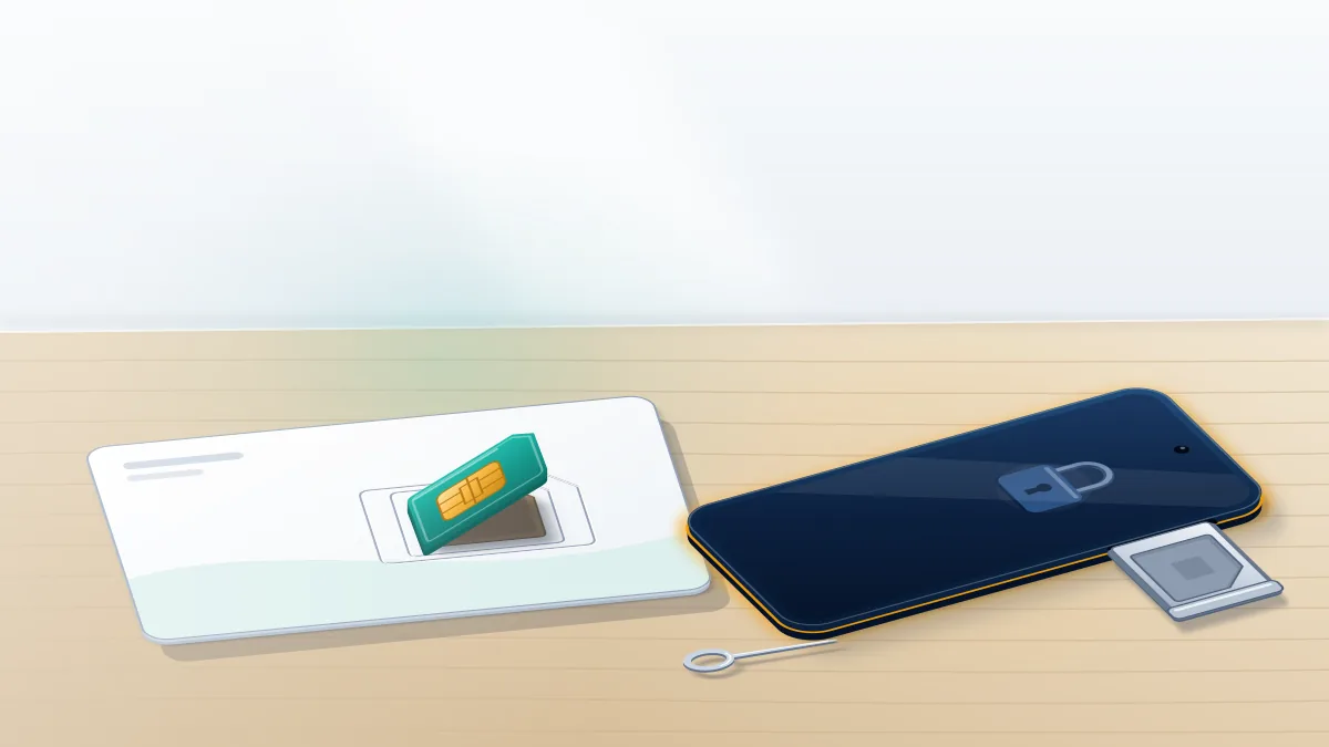 New SIM card beside a phone and eject pin, showing how to recover Telegram account lost SIM card through the carrier.