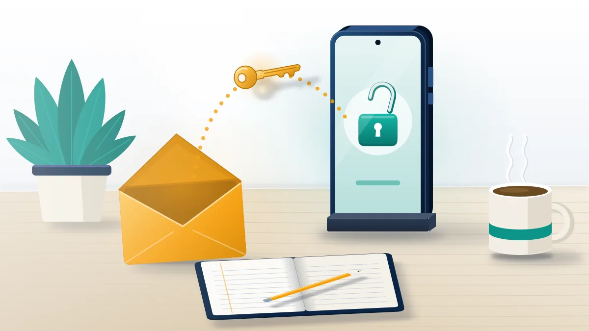 Envelope passing a key to an unlocking padlock on a phone, the way to recover Telegram account using email after a lost password.