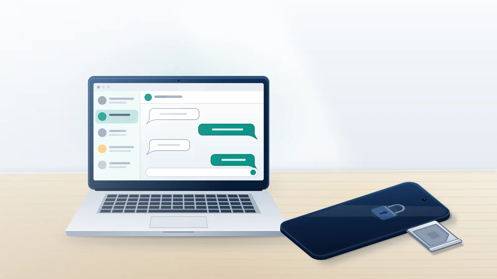 Laptop with chat bubbles beside a locked phone and an empty SIM tray, the ways to recover Telegram account without phone number.