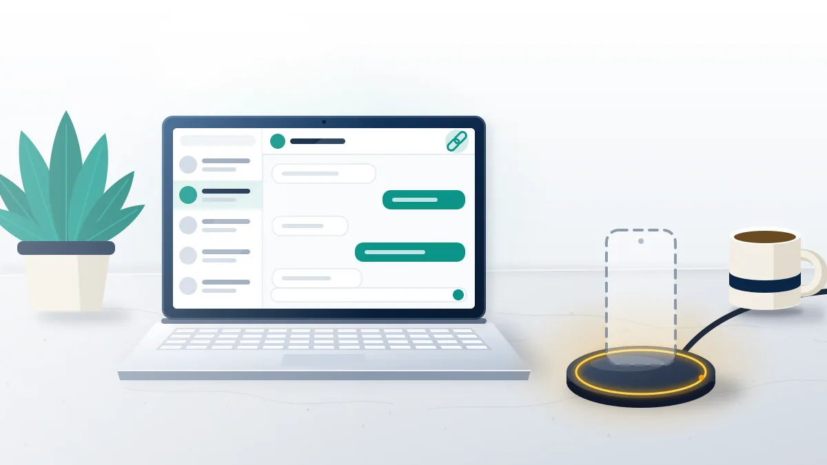 Laptop with an open linked chat session and no phone in sight, showing how to recover whatsapp messages on pc without phone.