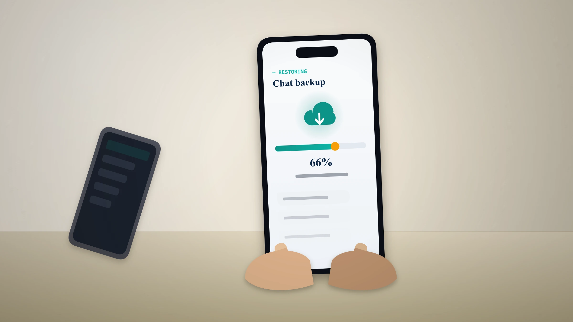 Hands restoring a chat backup on a new smartphone to recover whatsapp without old phone after switching devices.