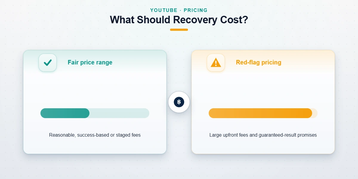 A comparison of fair recover YouTube channel cost ranges versus scam red-flag pricing for account recovery.