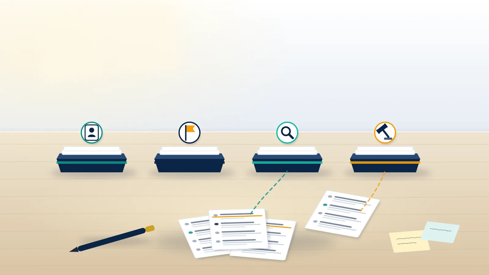 A reputation analyst sorting printed search results into removal routes to remove negative content online.