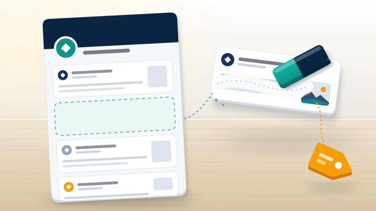Profile timeline cards with one post lifted away and a tag detaching, showing how to remove someone's post from Facebook on your profile.