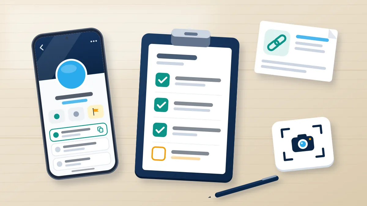 Phone showing a profile card beside a checklist of the evidence to save before you report a user on Telegram.
