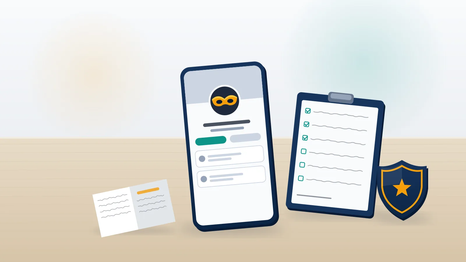 Phone showing a masked profile beside a police shield and complaint form, for how to report fake Facebook account to cyber crime.