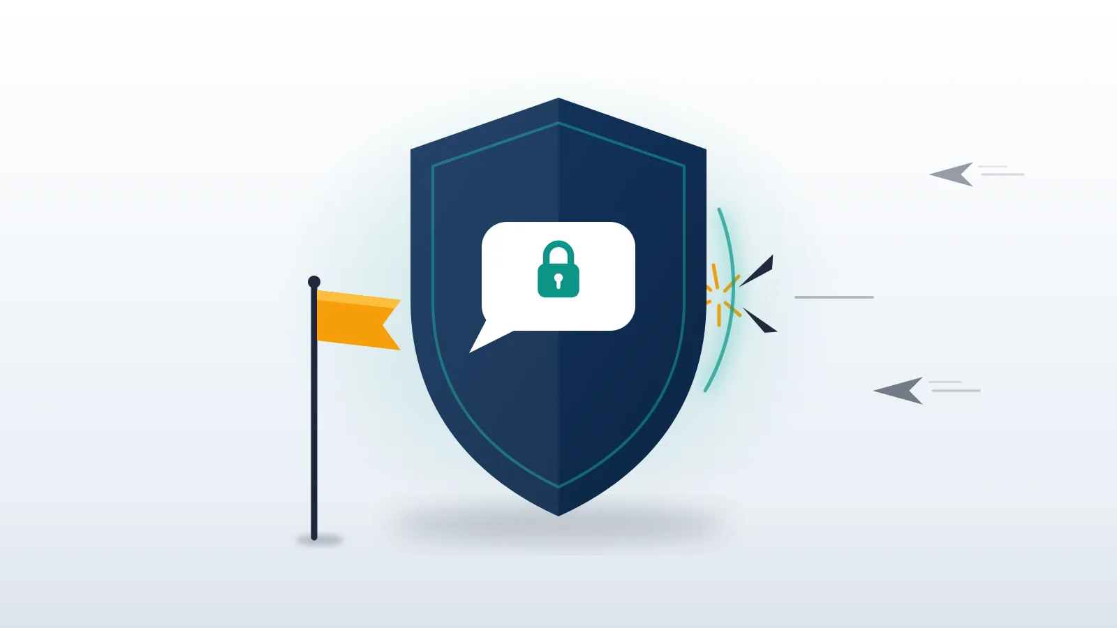 A shield and report flag guarding a private chat, standing in for how to report Snapchat blackmail and sextortion safely.