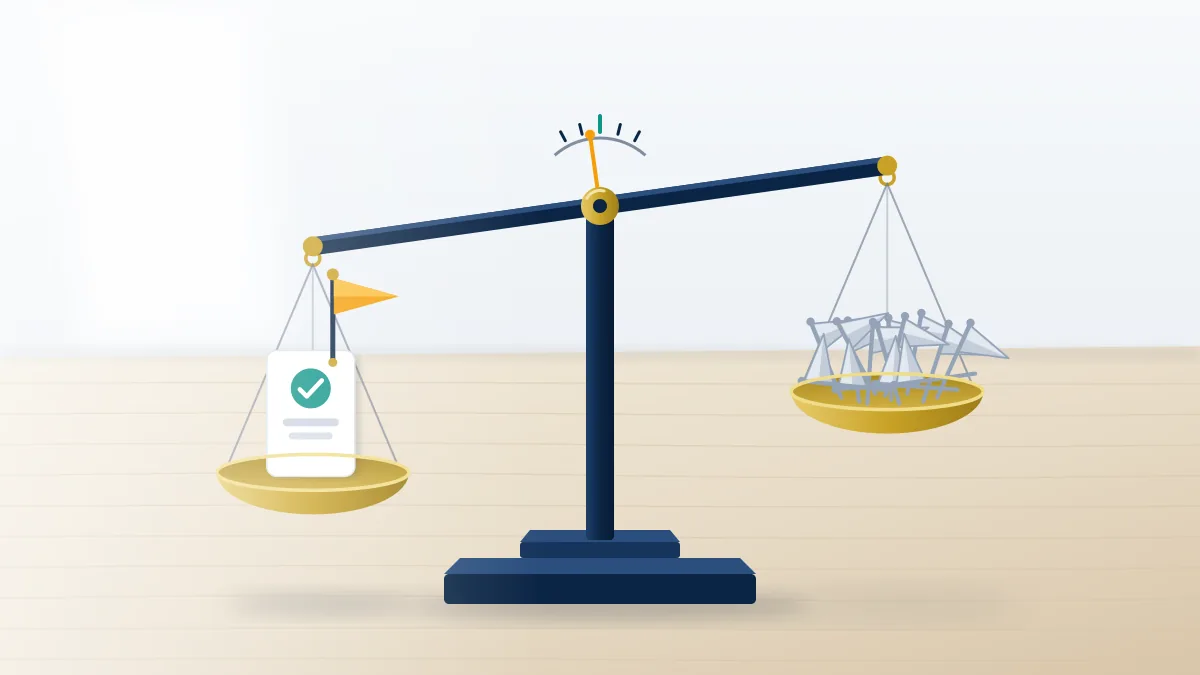 Balance scale where one flag with an evidence card outweighs a pile of copied flags, the rule behind reporting fake Facebook accounts.