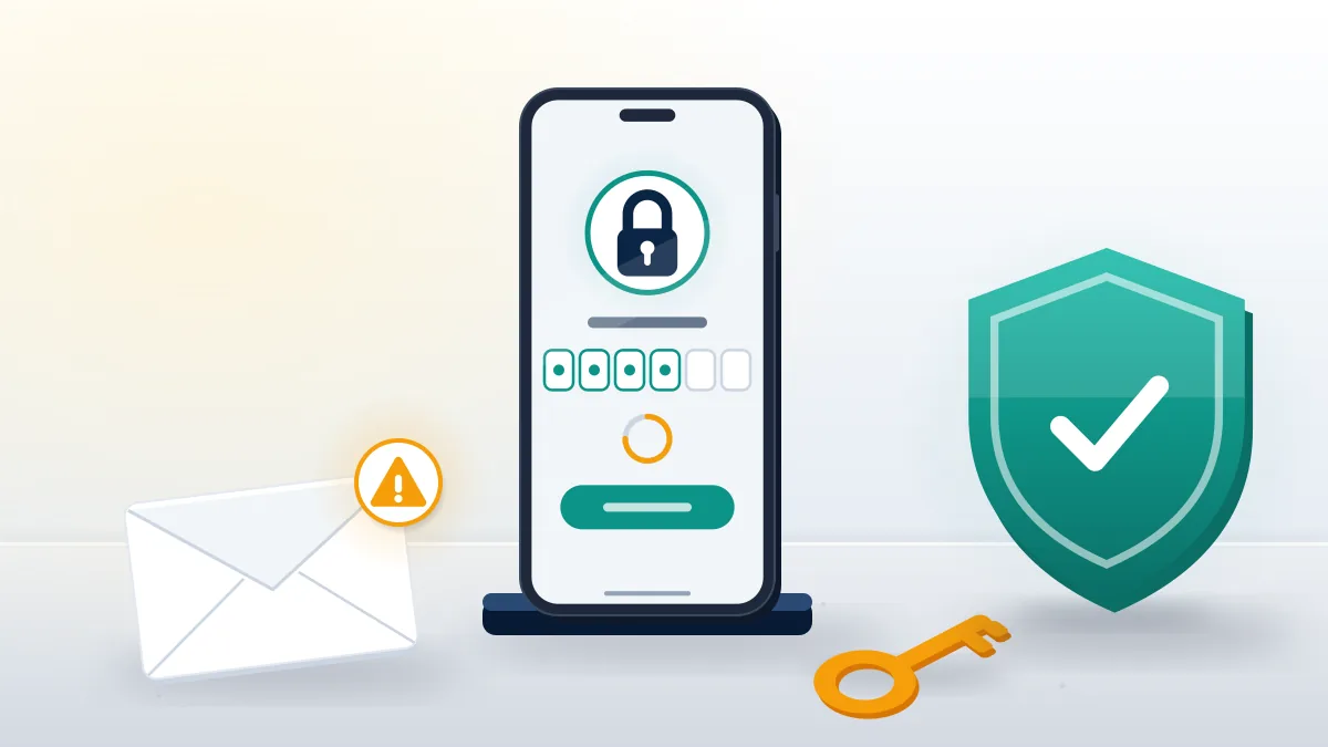 Phone with a padlock and authenticator key beside a shield and a flagged email, showing account security during a dispute.