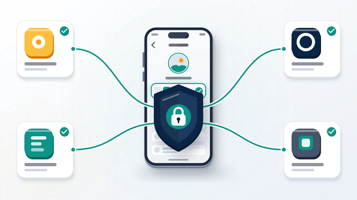 Short Instagram handles available on several apps: a phone linked to app cards and a shield that keeps one name safe.