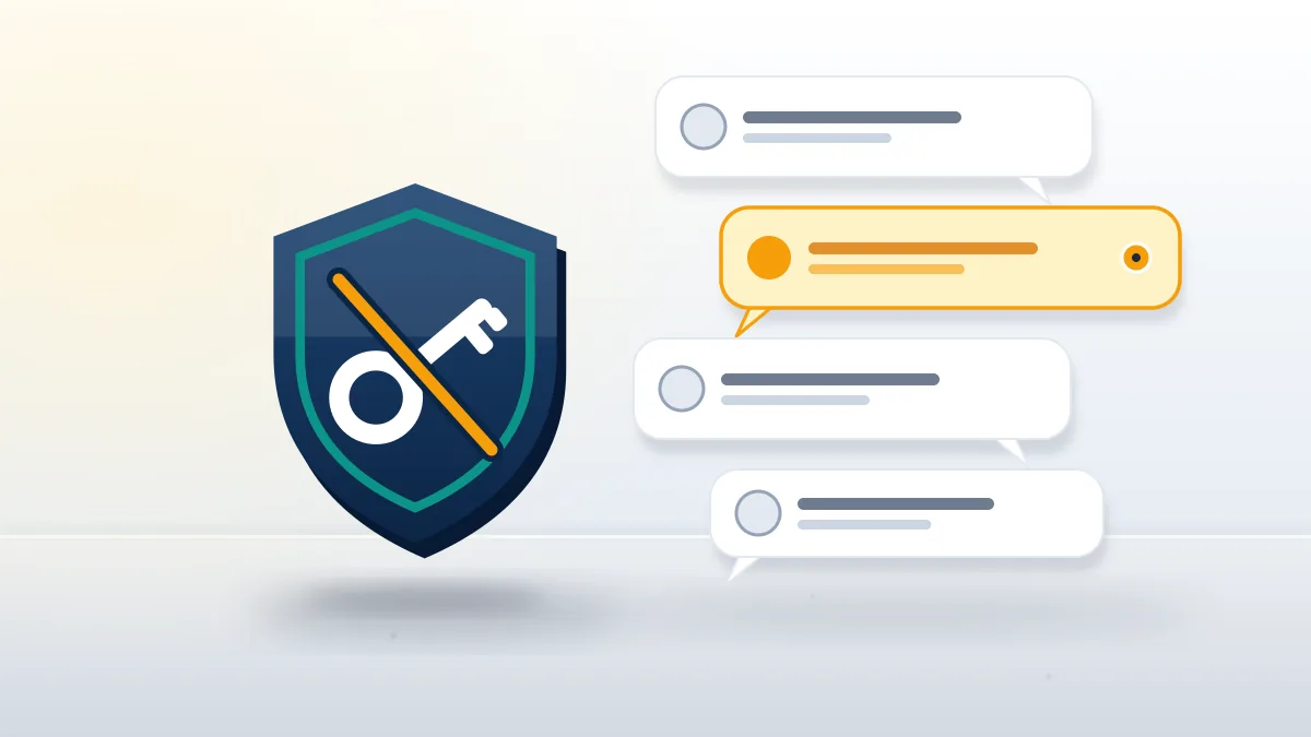 A shield with a crossed-out key in front of message bubbles, a warning against unlock scams after a snap temporarily disabled notice.
