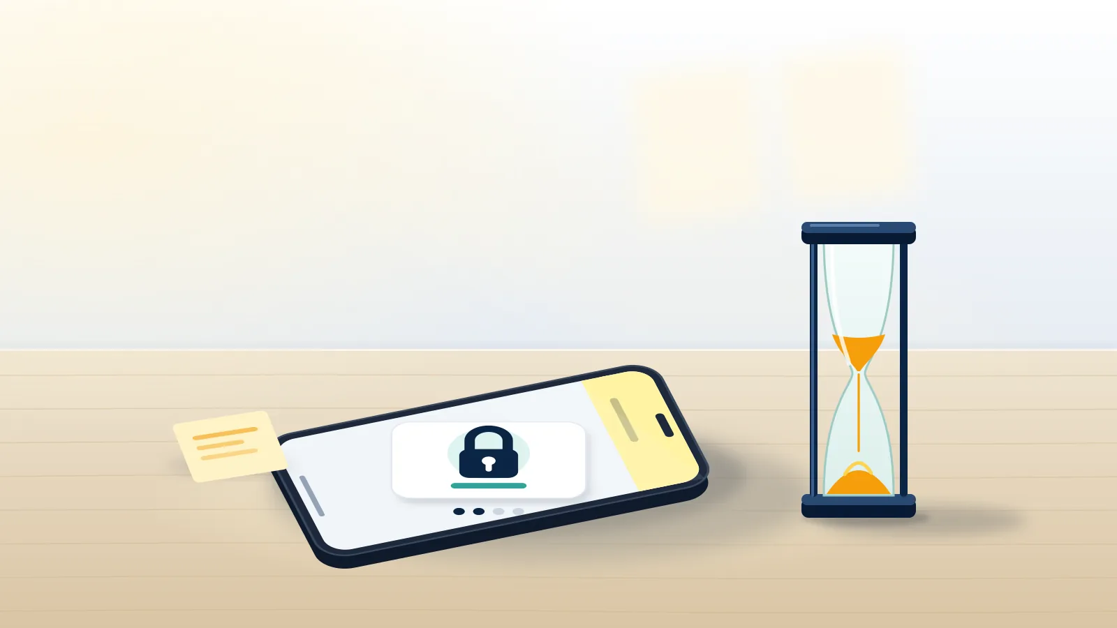 Smartphone on a desk showing a padlock card beside an hourglass, the snap disabled screen during a temporary lock.