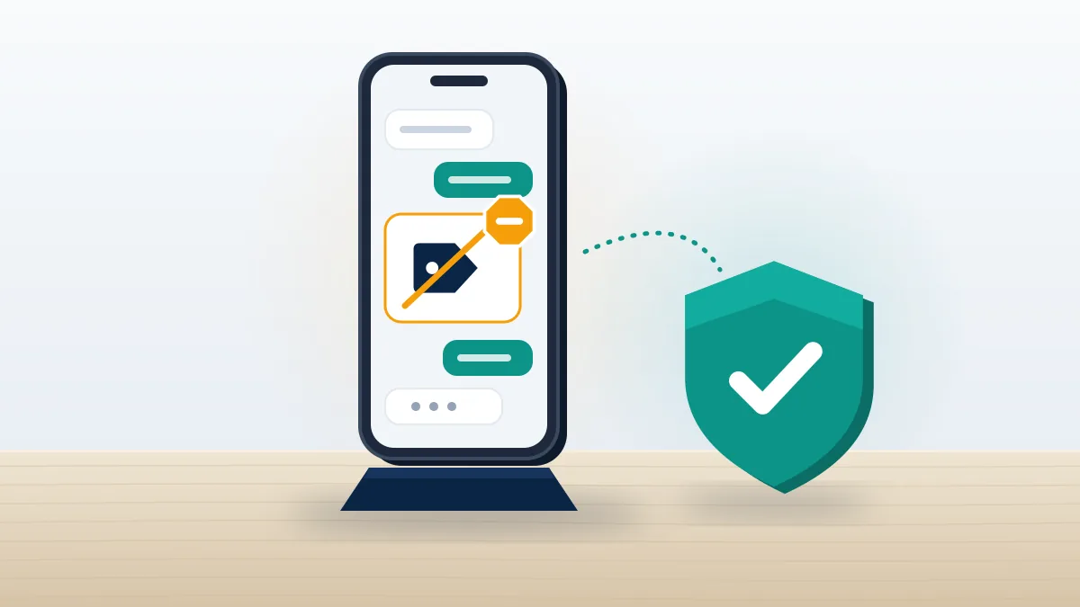 Phone with chat bubbles and a crossed-out price tag beside a teal shield, the recovery scam warning after someone hacked my twitter.