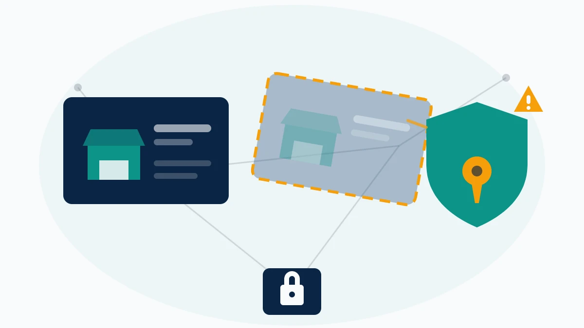 Layered illustration of a duplicated brand identity card and shield for when someone is impersonating my business on Instagram.