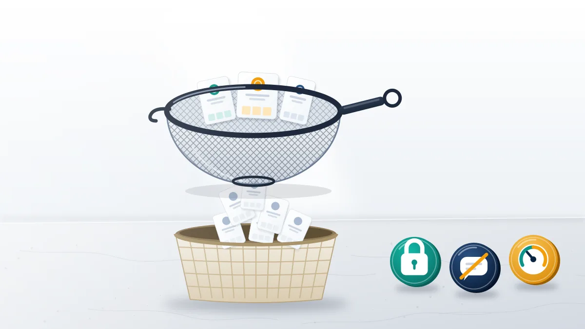A strainer keeps real followers while bot cards drop into a basket, beside the tools for a spam report instagram account bot cleanup.