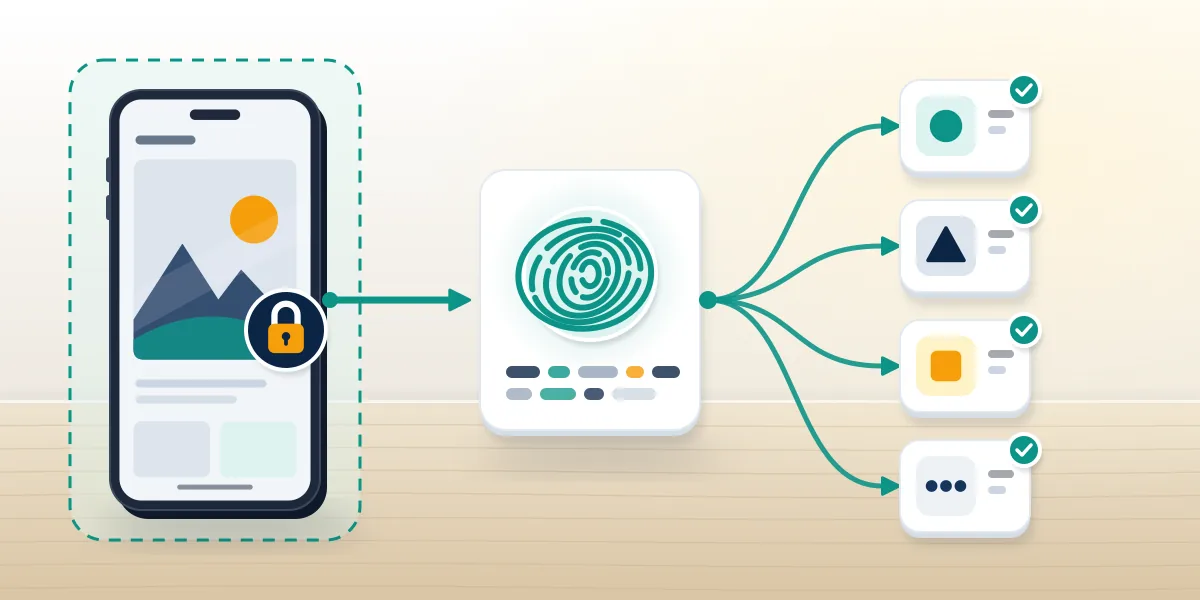 Photo tile locked on a phone while only its fingerprint hash travels to platform tiles, how StopNCII hash matching removes intimate images.