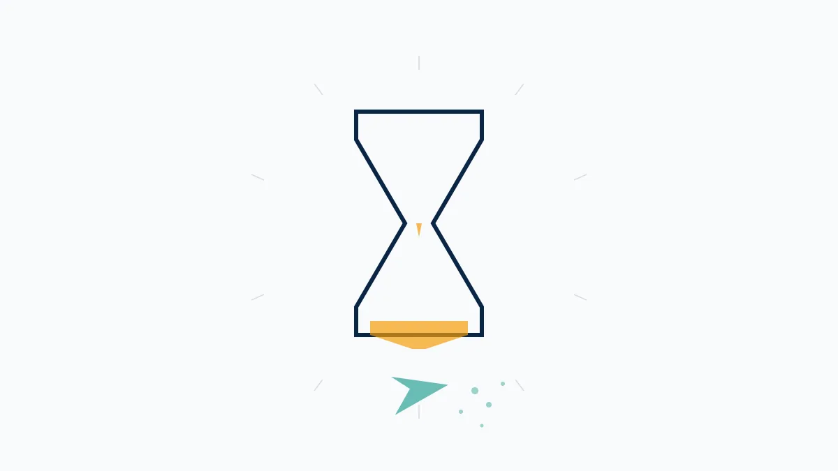 Hourglass running out beside a dissolving paper arrow, the self-destruct timer behind every Telegram account deleted automatically.