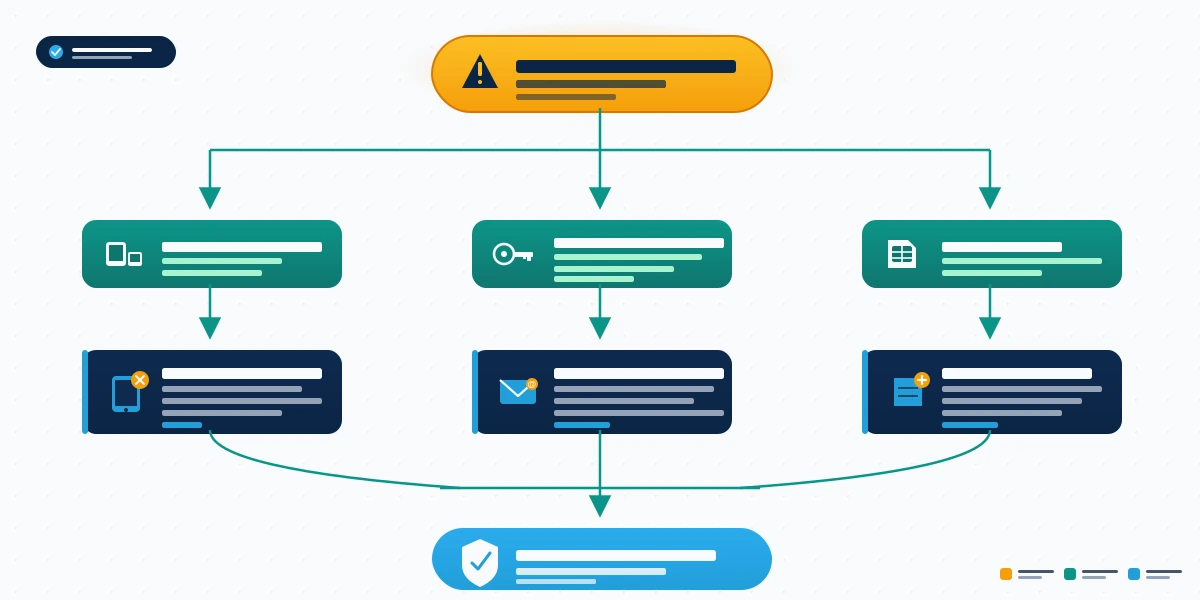 Decision flow diagram for telegram account hacked recovery covering session hijack, 2FA password change, and SIM swap paths.