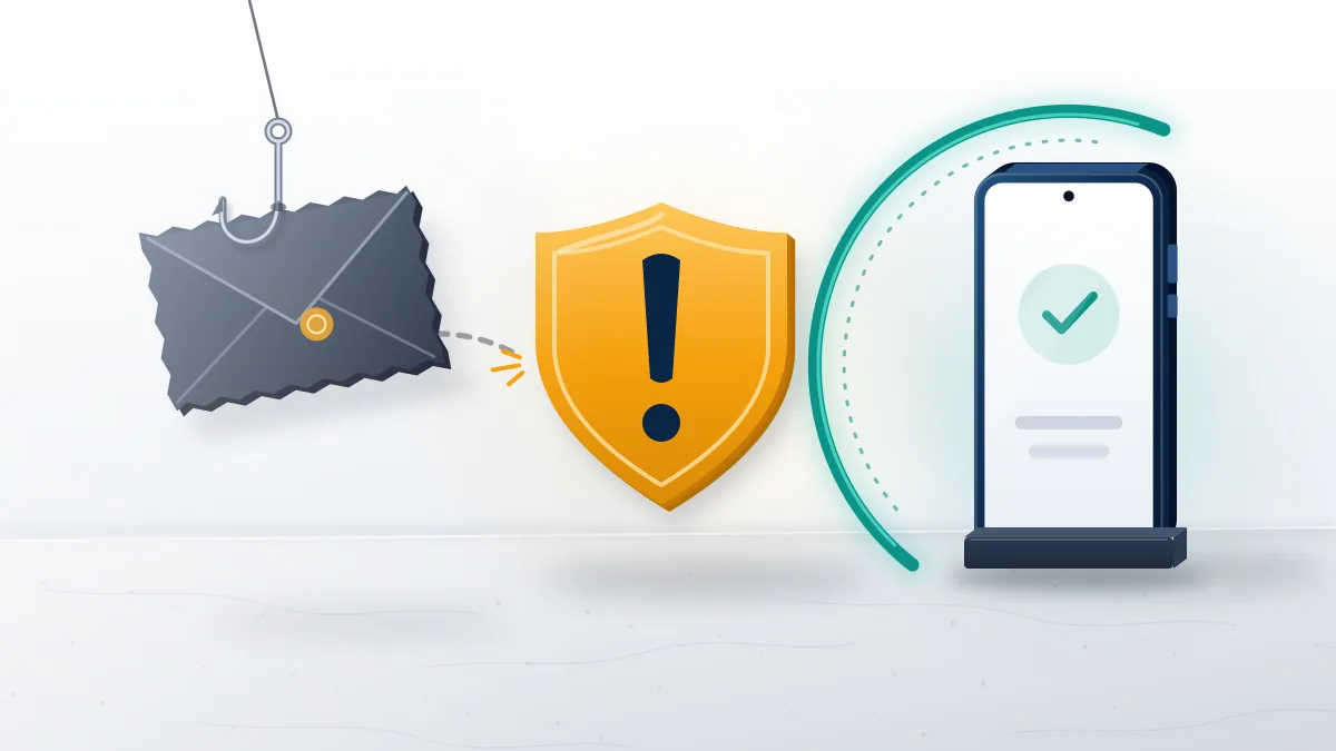 Fake Telegram account recovery email with a fishing hook and amber warning shield, highlighting phishing signs to check before clicking.