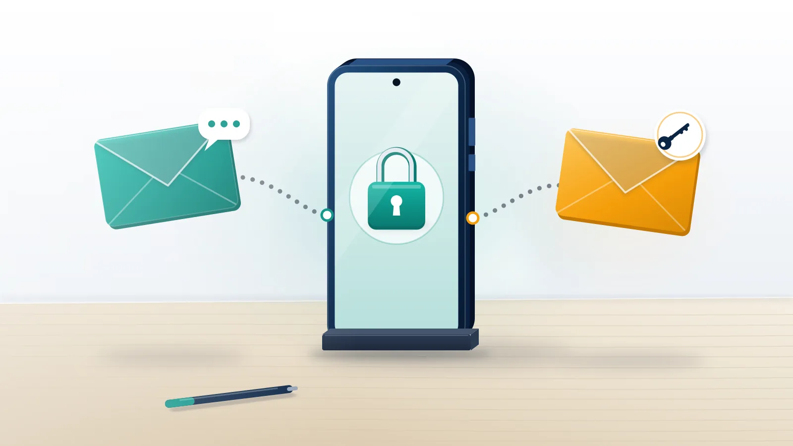 Smartphone with a padlock between two envelopes, illustrating Telegram account recovery with email via login and recovery addresses.