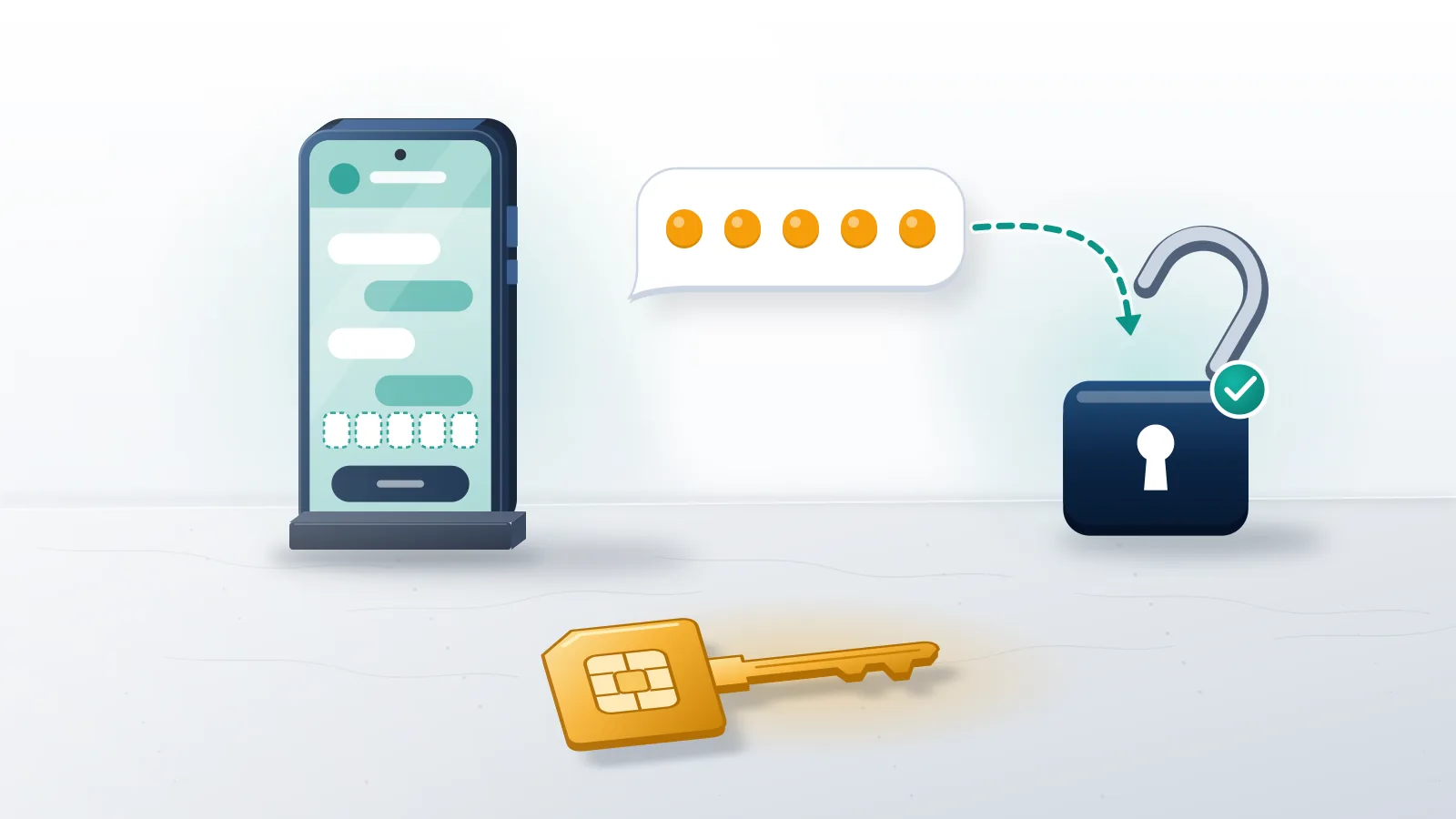 A phone beside a SIM card shaped like a key, showing that telegram account recovery without verification code depends on the number.