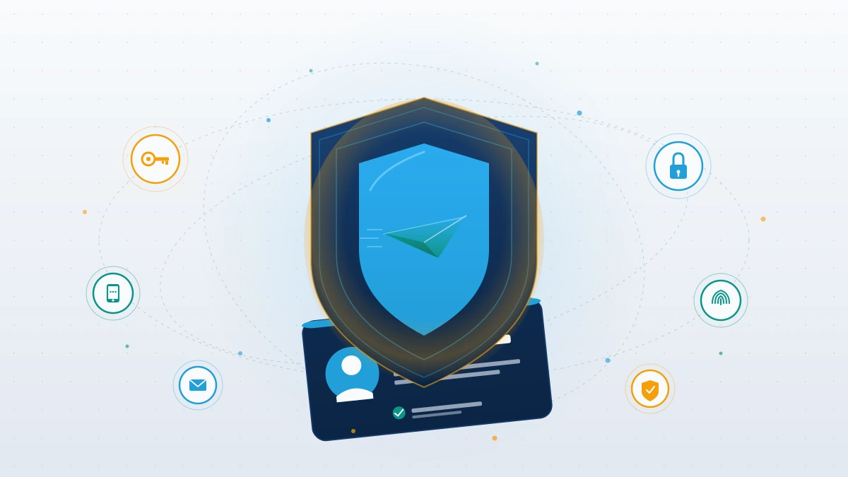 Conceptual shield and paper-plane icon guarding an identity card, representing telegram hacked recovery hardening with passkeys.