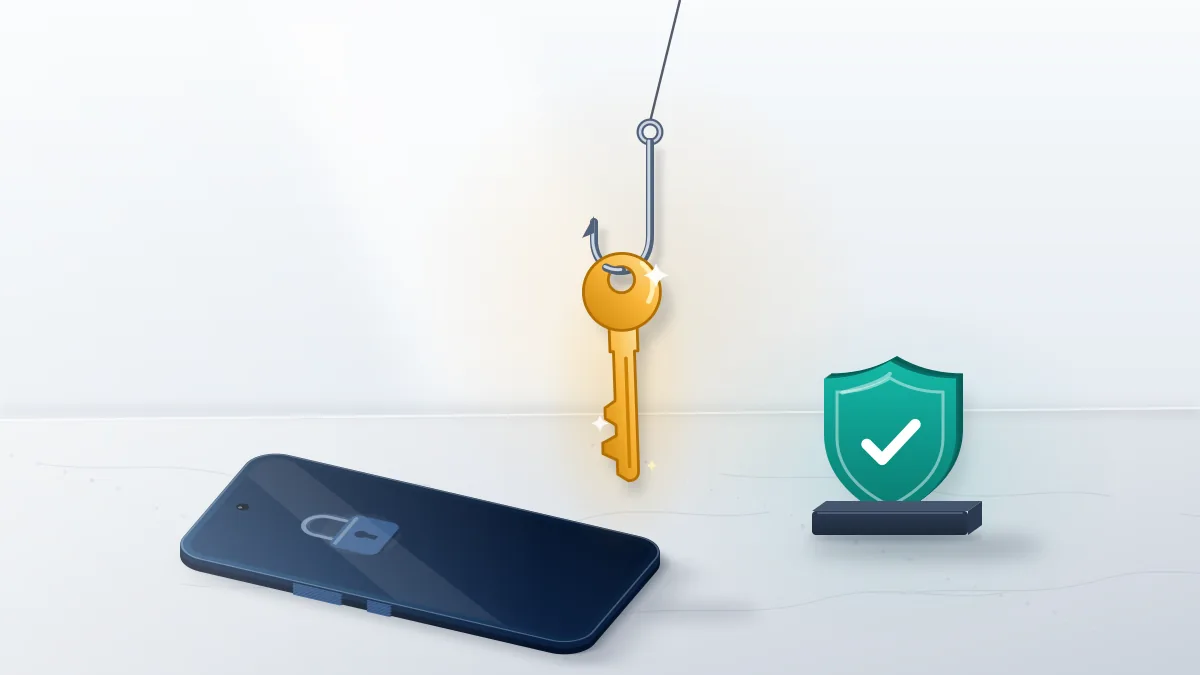 Fishing hook dangling a gold key over a locked phone, a warning about scams that promise to recover Telegram account lost number.