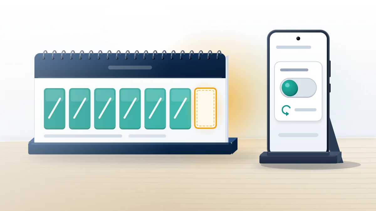 A seven-day desk calendar beside a phone with a cancel toggle, the one window where telegram permanent account delete recovery still works.