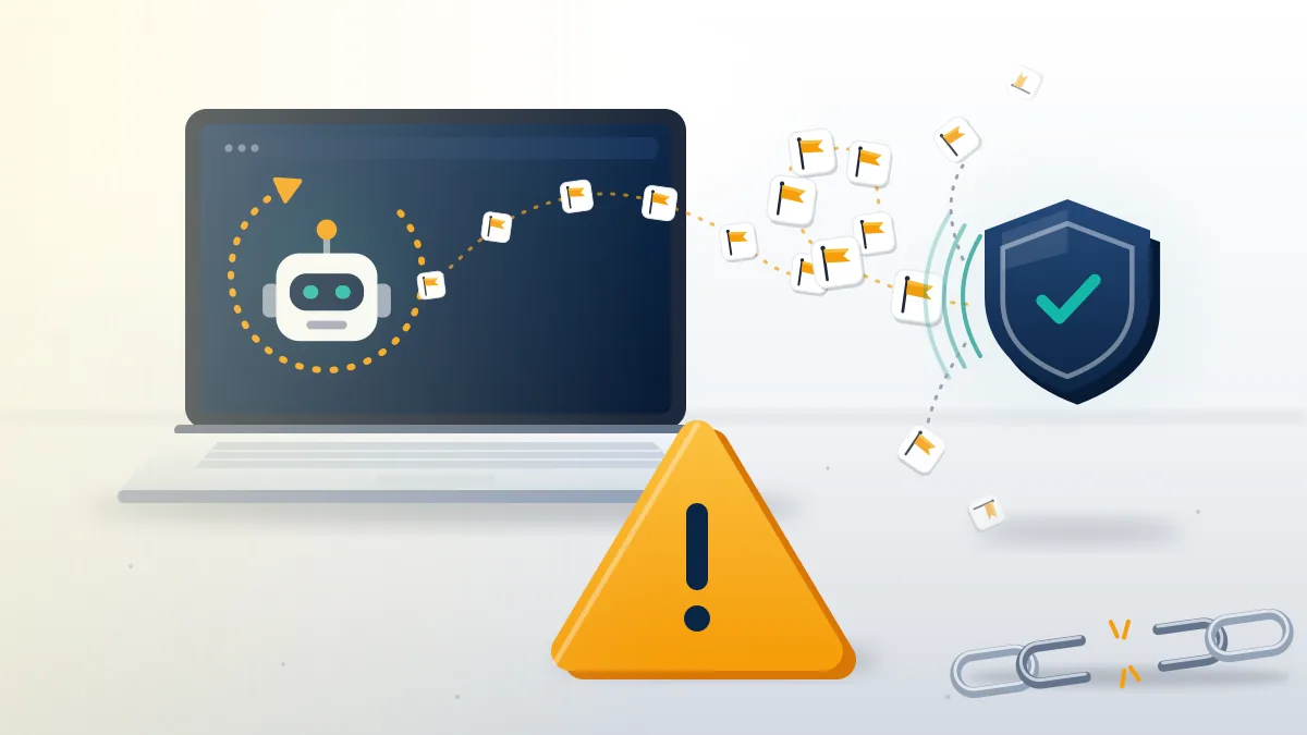 Robot on a laptop looping report flags behind a warning sign, showing why a free Telegram report bot or ban script backfires.