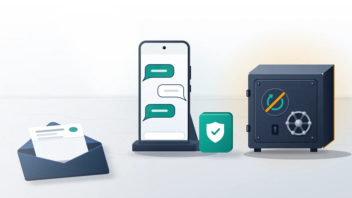 Why a Telegram support recover deleted account request fails: an envelope and a phone sit beside a sealed vault on a stone desk.