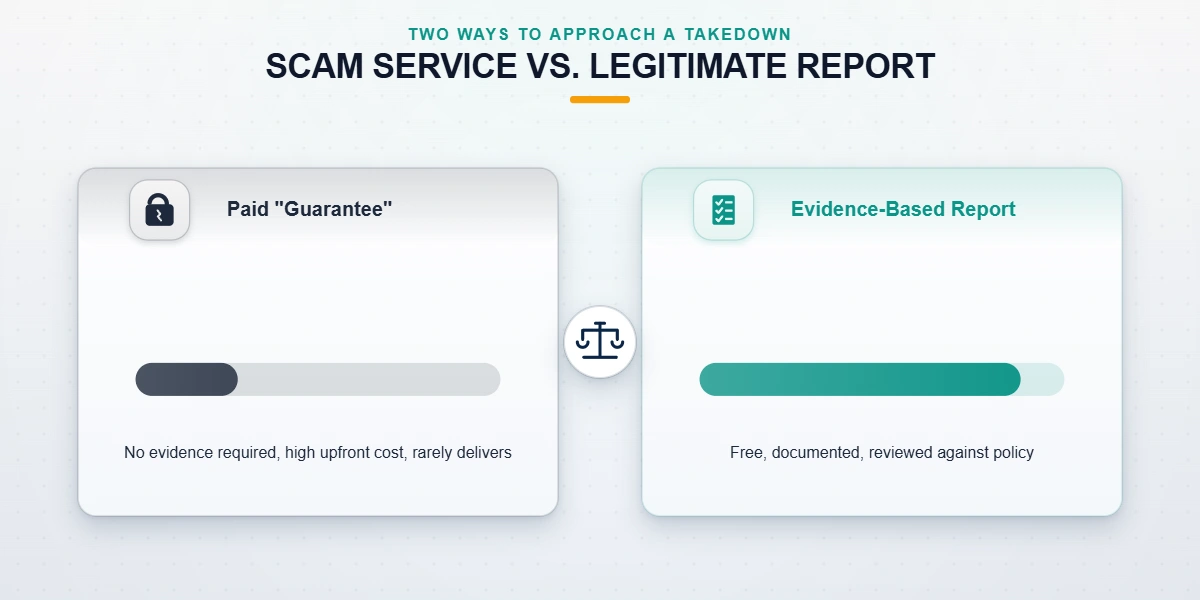 Split concept illustration contrasting a scam instant-ban offer with a legitimate Telegram takedown service that files evidence.