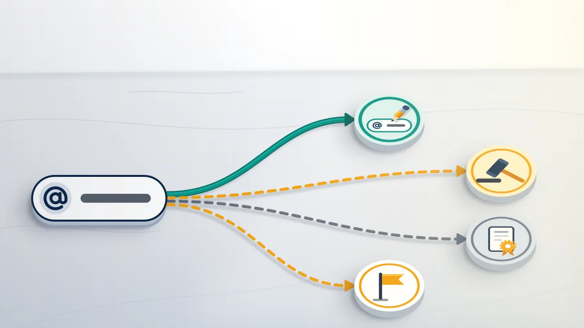 Route map from a taken name tag to four options, the ways Telegram username availability can change: variant, auction, claim, report.
