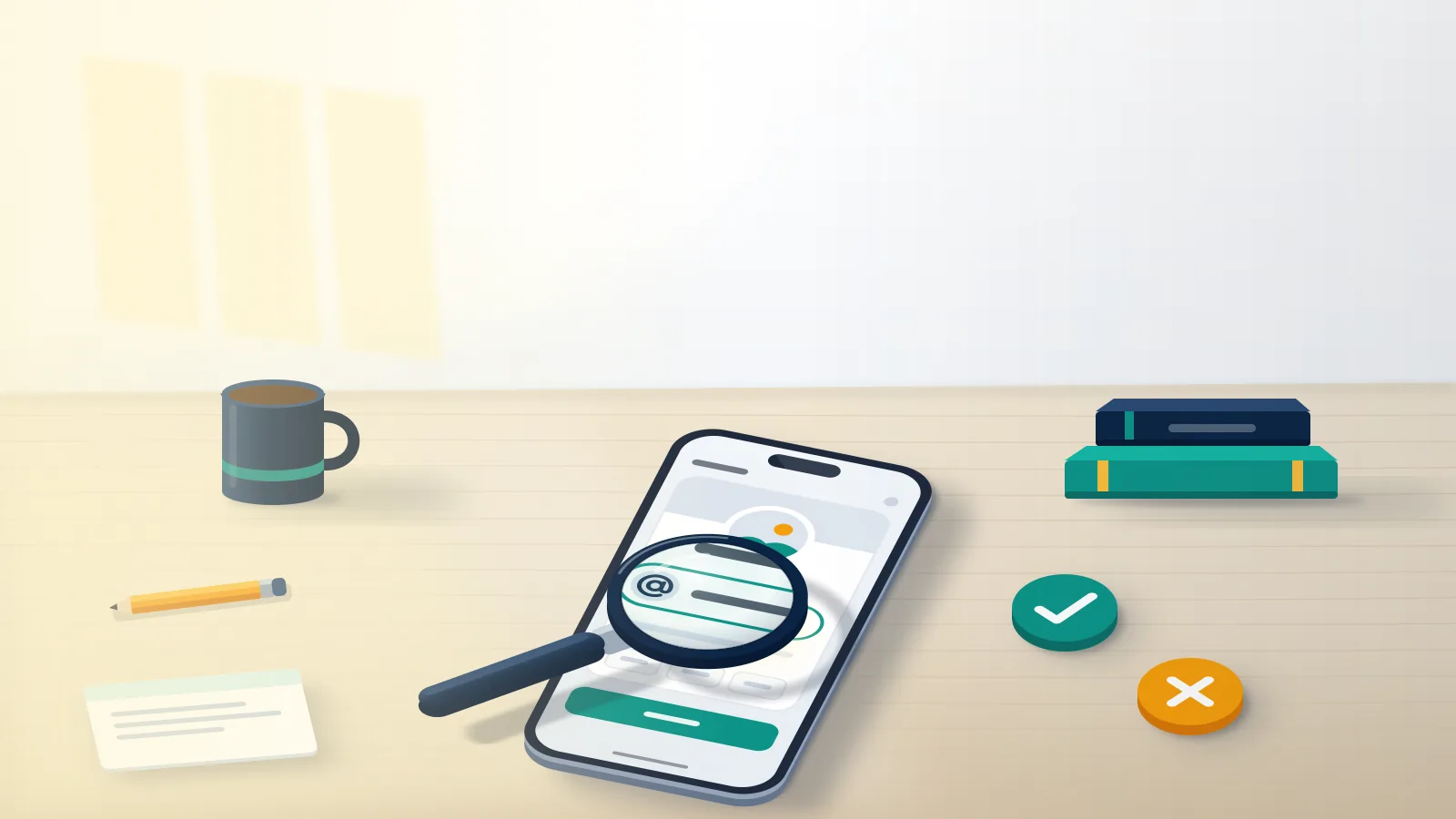 Phone on a desk with a name tag under a magnifier beside check and cross tokens, the scene behind a Telegram username check.