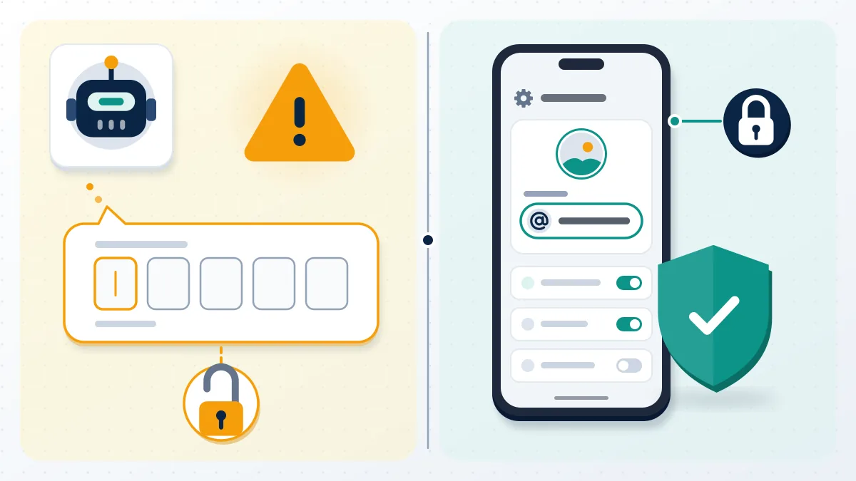 Split diagram: a Telegram username checker bot asking for a login code with a warning sign, beside the safe in-app name field.