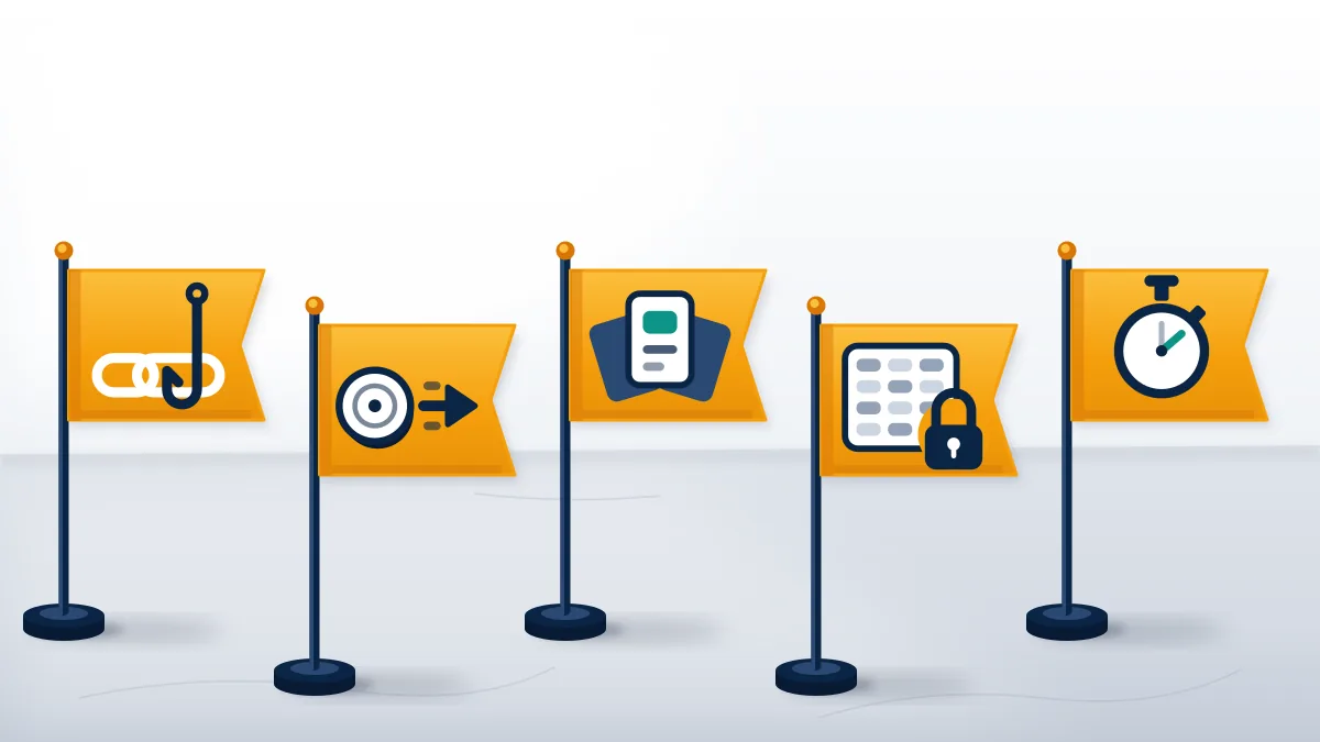 Five amber warning flags for a Telegram username for sale: fake link, upfront fee, middleman, recovery words, time pressure.