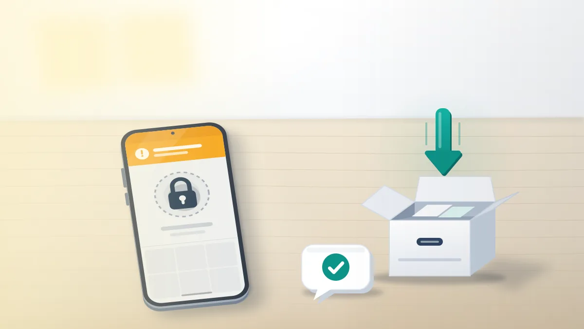 Phone showing a locked profile under a ban banner beside a data folder and an appeal card, the steps after a TikTok copyright ban.