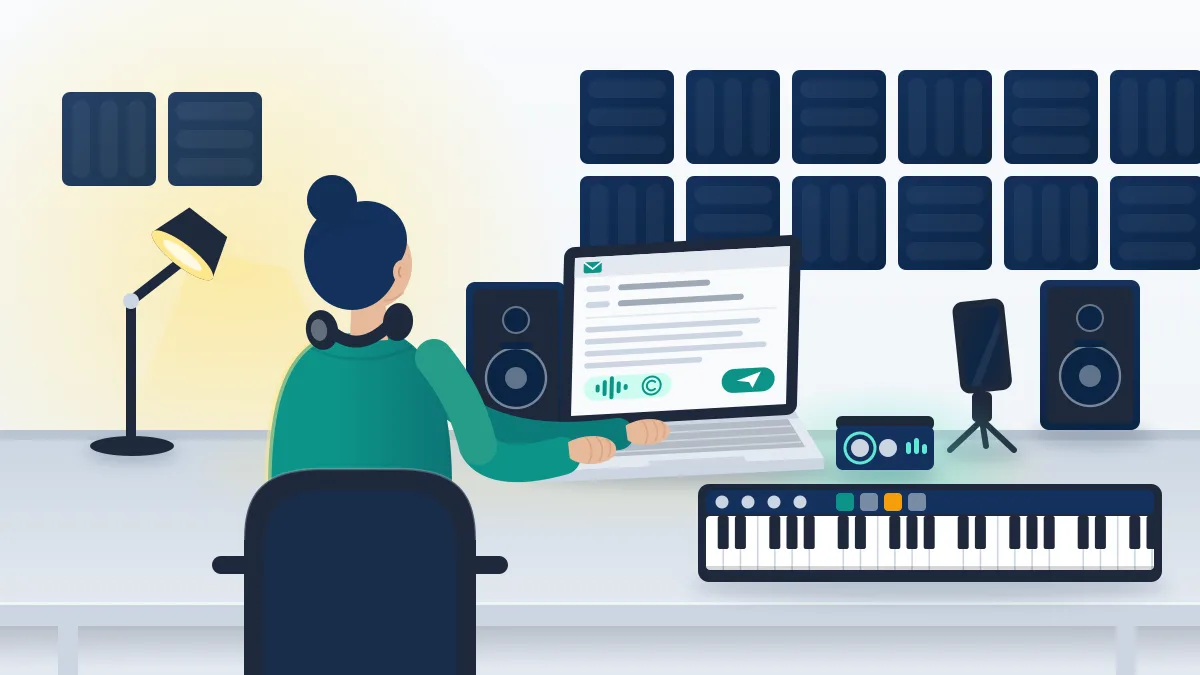 An independent musician drafts a TikTok DMCA email notice in her home studio after her original track was reused without permission.