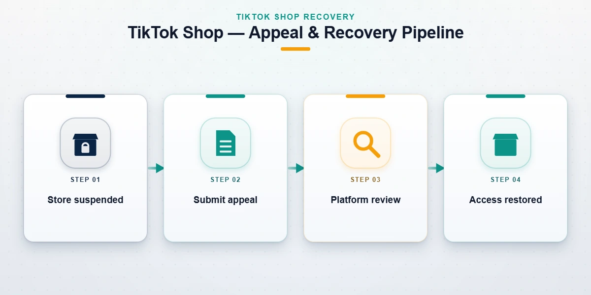 Step-by-step flow showing how a TikTok Shop account recovery appeal moves from suspension to review to reinstatement.