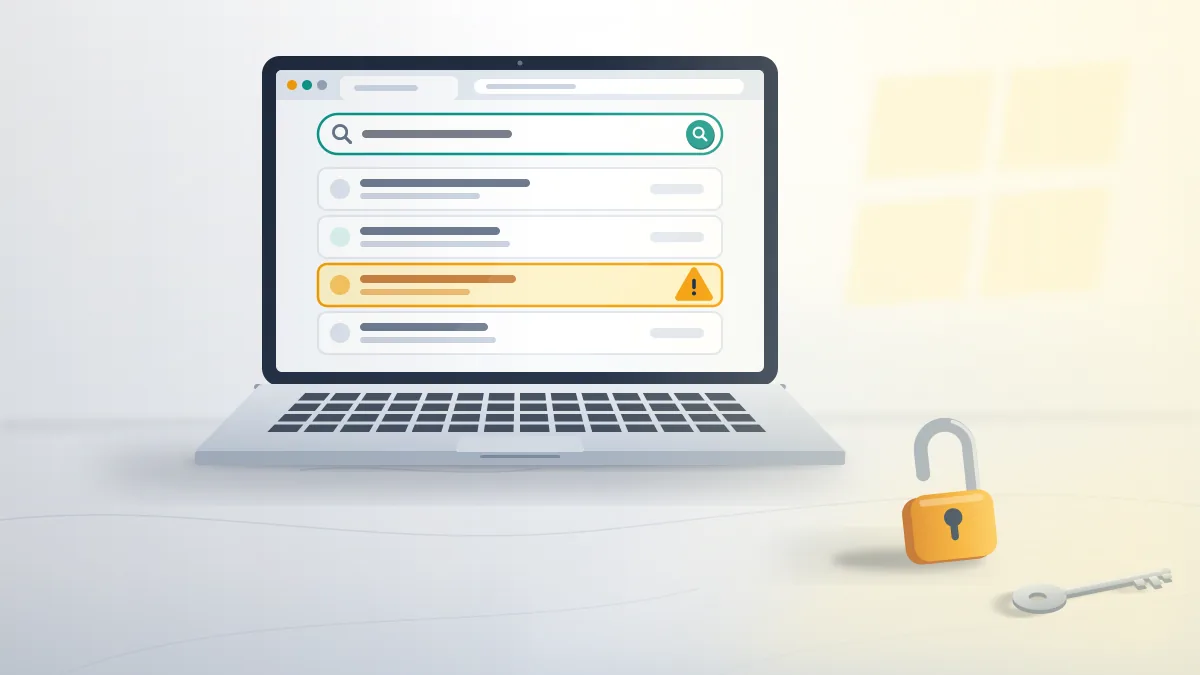 Laptop showing a tiktok username checker online result list with one row flagged amber, an open padlock and a key beside it.