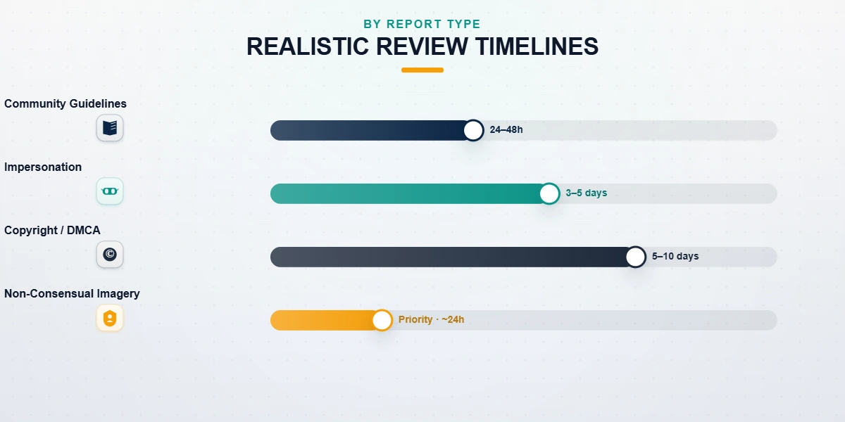 Timeline showing realistic waits before a TikTok video is taken down, sorted by each report type.