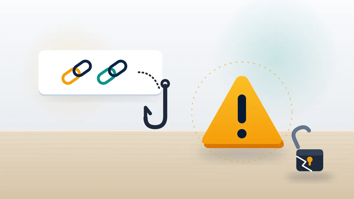 Hooked link chain beside a warning sign and broken padlock, showing why tools to track IP address of fake Facebook account are scams.
