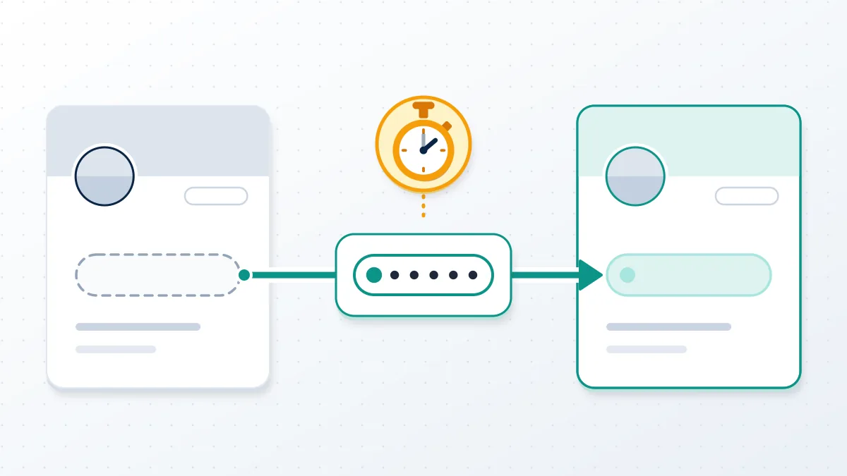 Two profile cards with a name moving across under a stopwatch, the timing gap when you transfer Twitter handle rights.