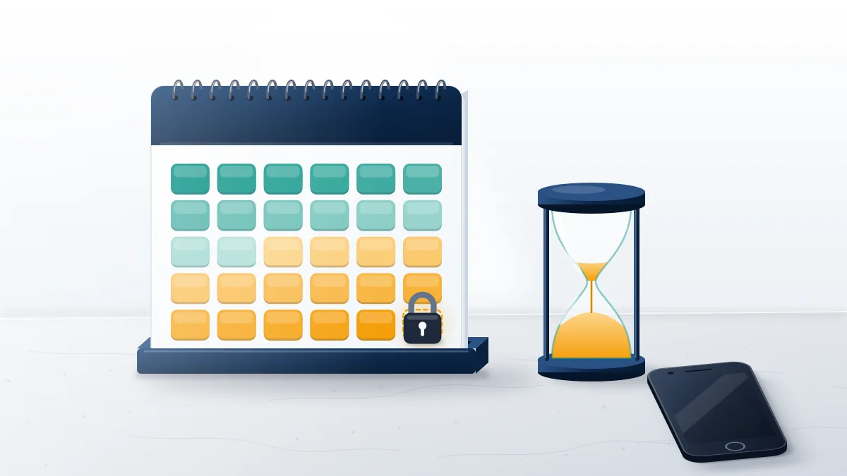 Calendar card of teal cells fading to amber beside an hourglass and padlock, the deadline when trying to recover old TikTok account.