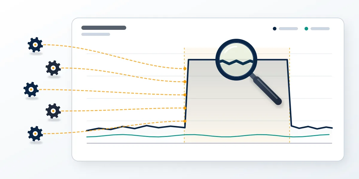 Viewer-count graph with a flat bot plateau under a loupe, the evidence needed to report a Twitch channel for viewbotting.