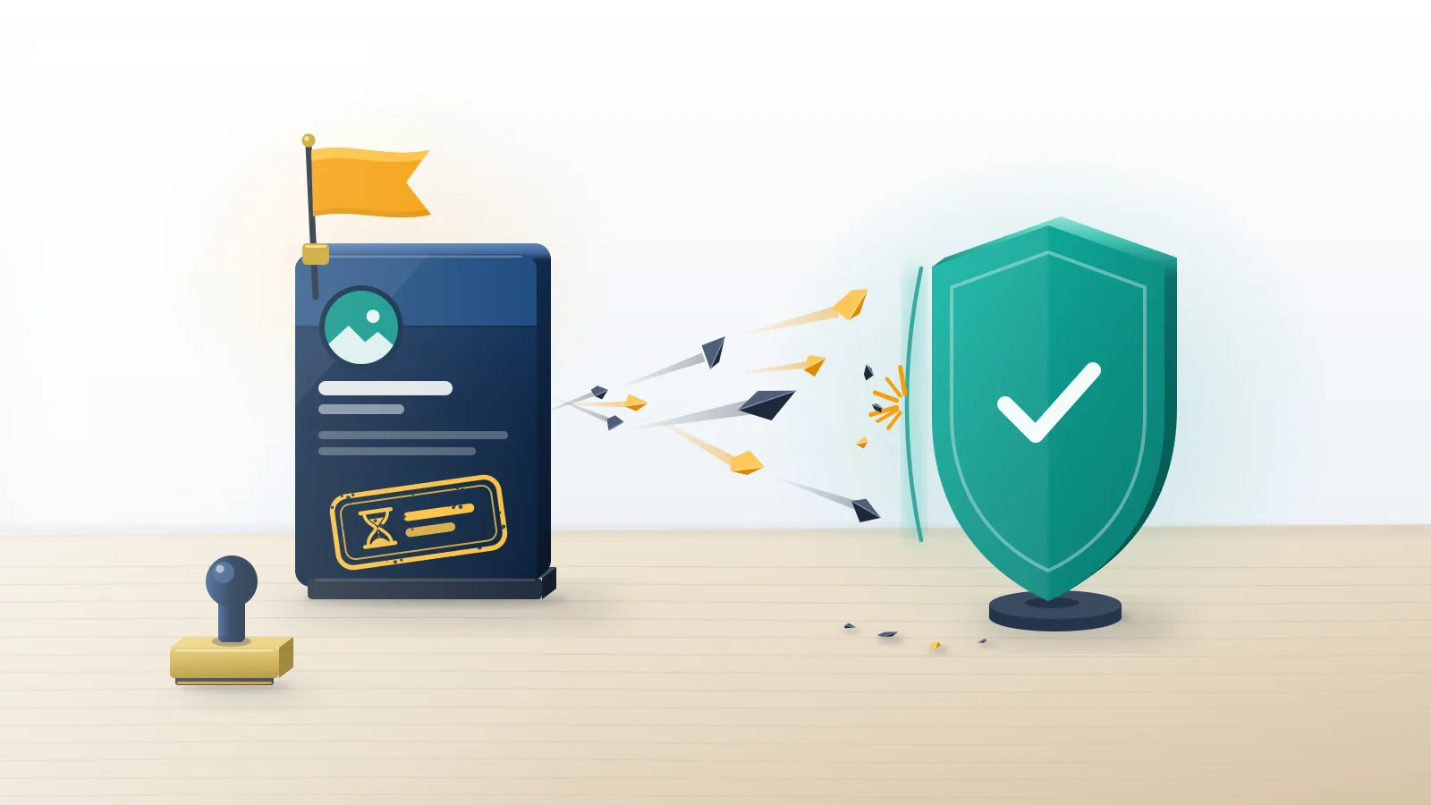 A profile card firing shards at a shield gets an amber flag and a pending review stamp as you report an account on Twitter.
