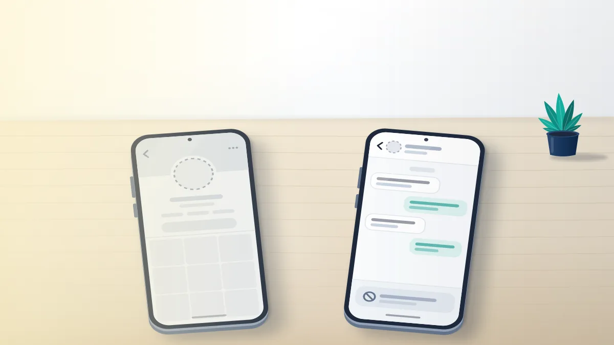 Two phones showing what does a banned TikTok account look like: a greyed-out profile and a chat where messaging the account is blocked.