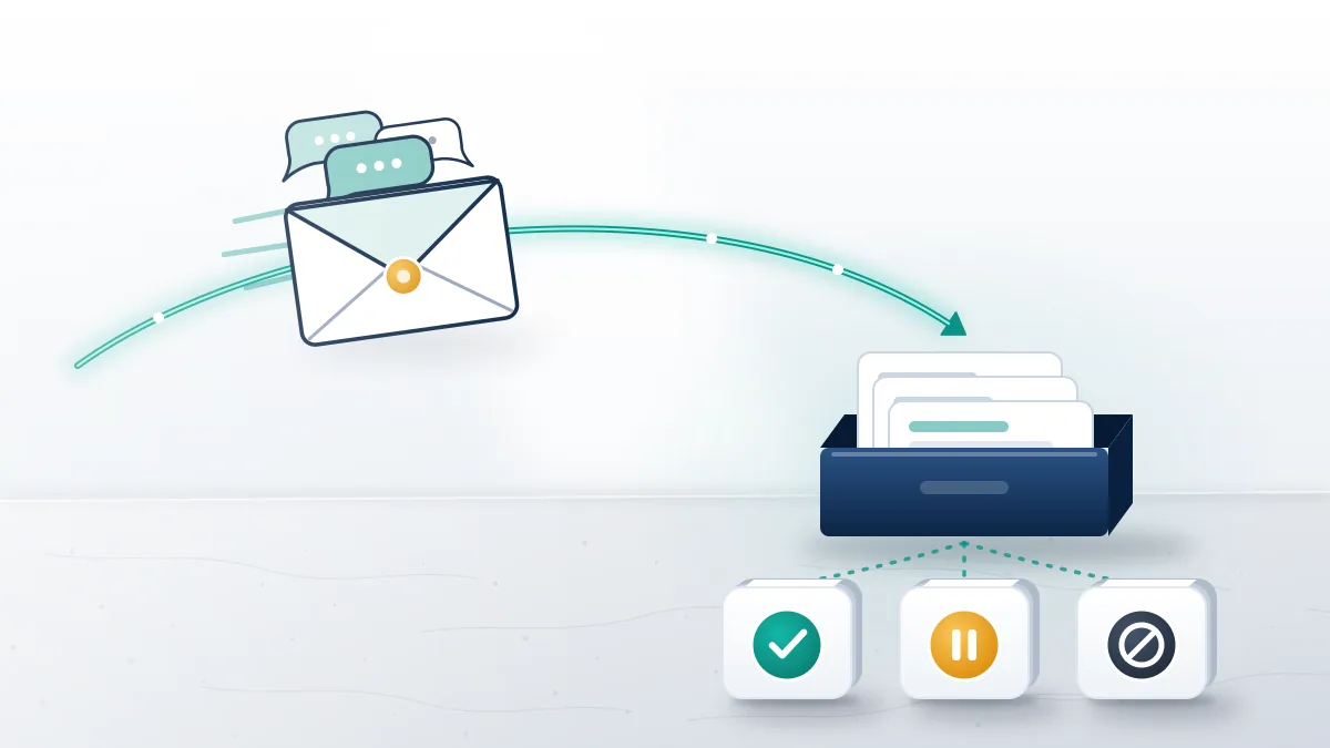 Sealed envelope of recent messages moving into a review queue, showing what happens when you report a WhatsApp number.